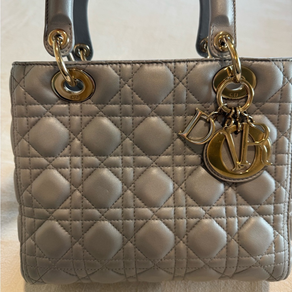 Dior LADY DIOR Medium Metallic Gray Quilted Bag - Authentic - Picture 6 of 14